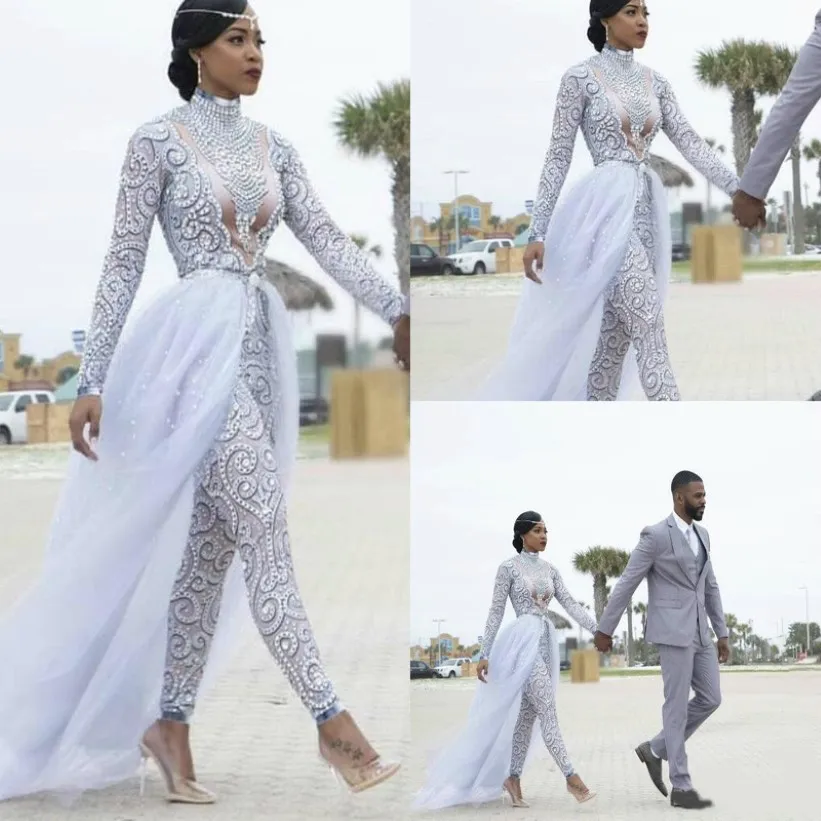 2023 trouwjurk prachtige jumpsuits met afneembare trein hoge nek kralen kristal lange mouwen bescheiden jurken Afrikaanse bruidsjurken 212W