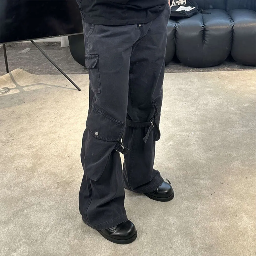Calça masculina acne nicho sueco Bolsa lavada bolsos de trabalho calças soltas com tiras estilos unissex