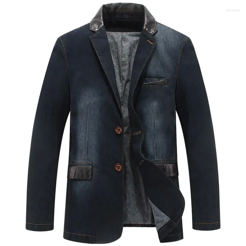 メンズスーツプラスサイズのジャケットデニムアウトウェア春秋の男性衣類男性ブレザージーンズパッチワークレザースリムフィットコートmy190