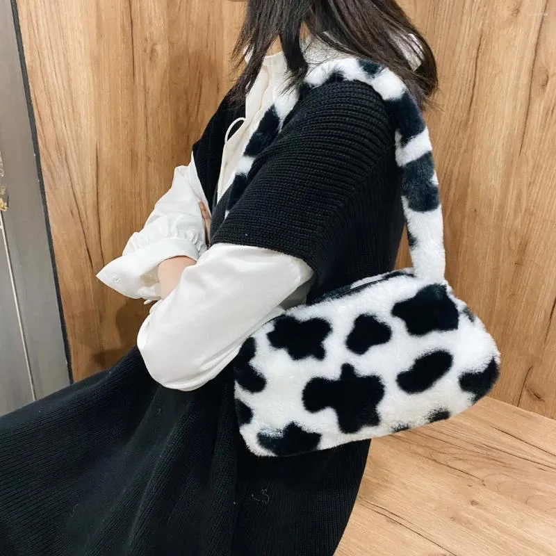 Storage Bags Fashion Women Cow Print Mini Shoulder Female Winter Plush Underarm Leopard Zebra Pattern Fluffy Tote Small Purses