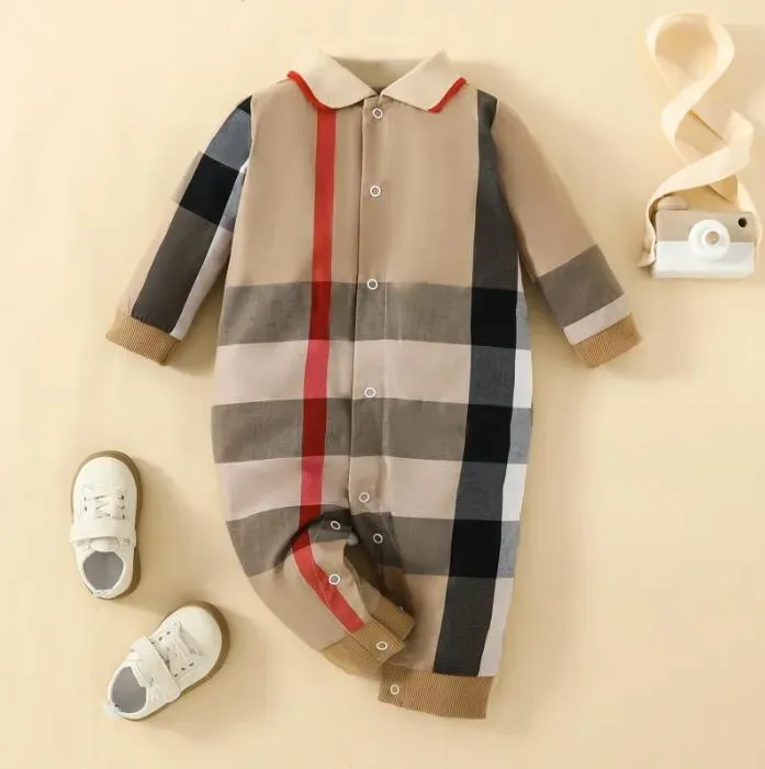 Designer Rompers Spring Autumn Baby Brand Rompers Kids Long Sleeve Plaid Jumpsuits Toddler Turn-Down Collar Onesies Newborn Romper