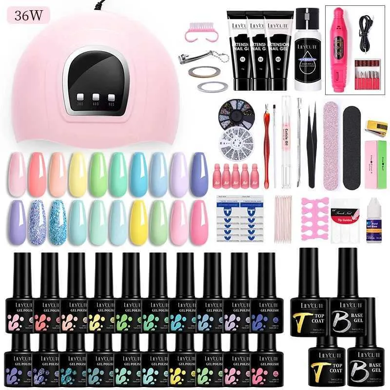 Nail Art Kits Lilycute 20/10pcs nagelgelpolijstkit met UV LED -lichte drogende extension gelet elektrische nagelborte Nail Art Tool Kit T240510