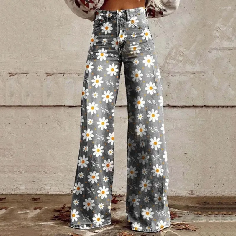 Pantalon féminin à jambe droite vintage à imprimé floral haut taille haute la jambe large pour les pantalons de bouton rétro pour femmes avec des poches en détresse
