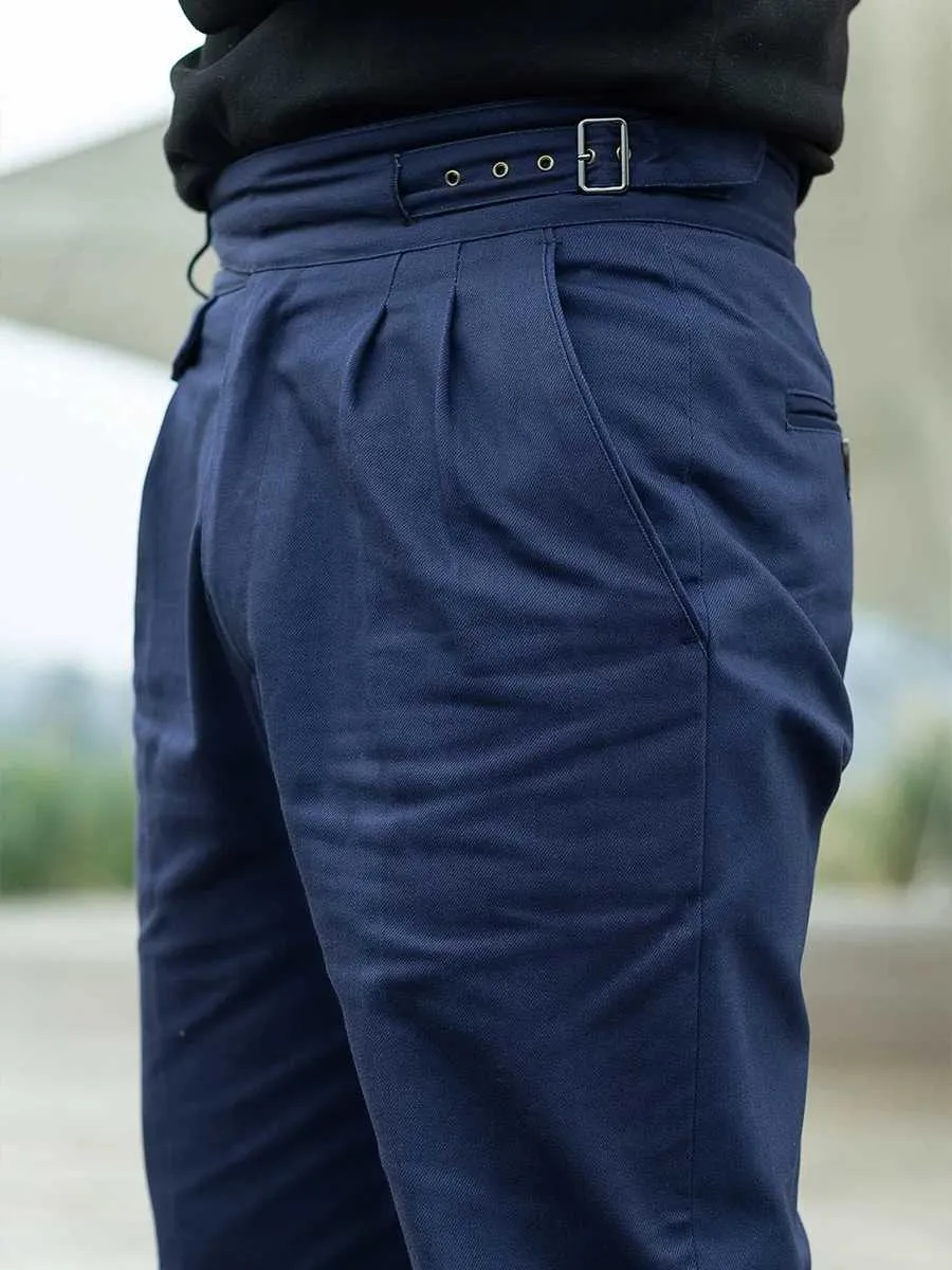 Pantalones masculinos hombres gurkha pantalones casuales actividad de algodón puro de alta densidad teñido azul marino anchos botas de banda elástica caprisl2405