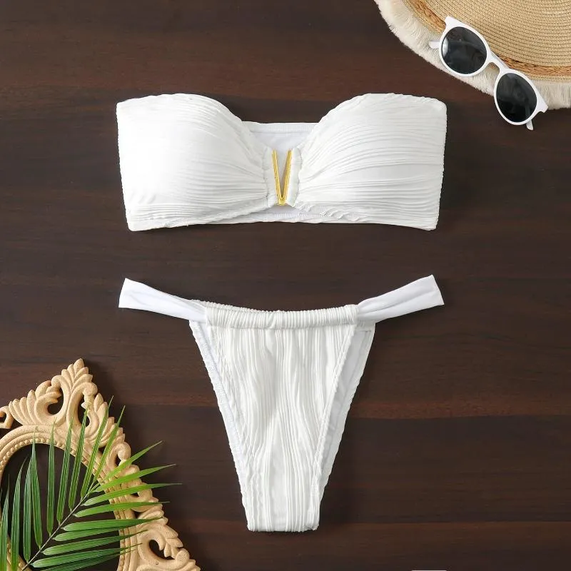 Frauen Badebekleidung V Schnitt Thong Bikinis 2024 Sexy Frauen Badeanzüge weibliche weiße Bandeau Brazilian Bikini Set Badeanzug Schwimmanzüge