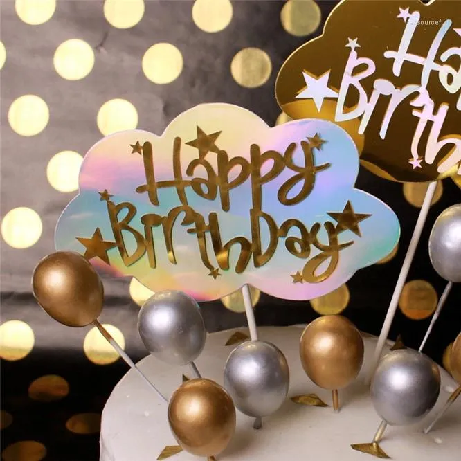 Festliga leveranser 10st 30 st guld silver lasermoln ballong "Grattis på födelsedagen" 3D Cake Topper Party Wedding Decoration Dessert