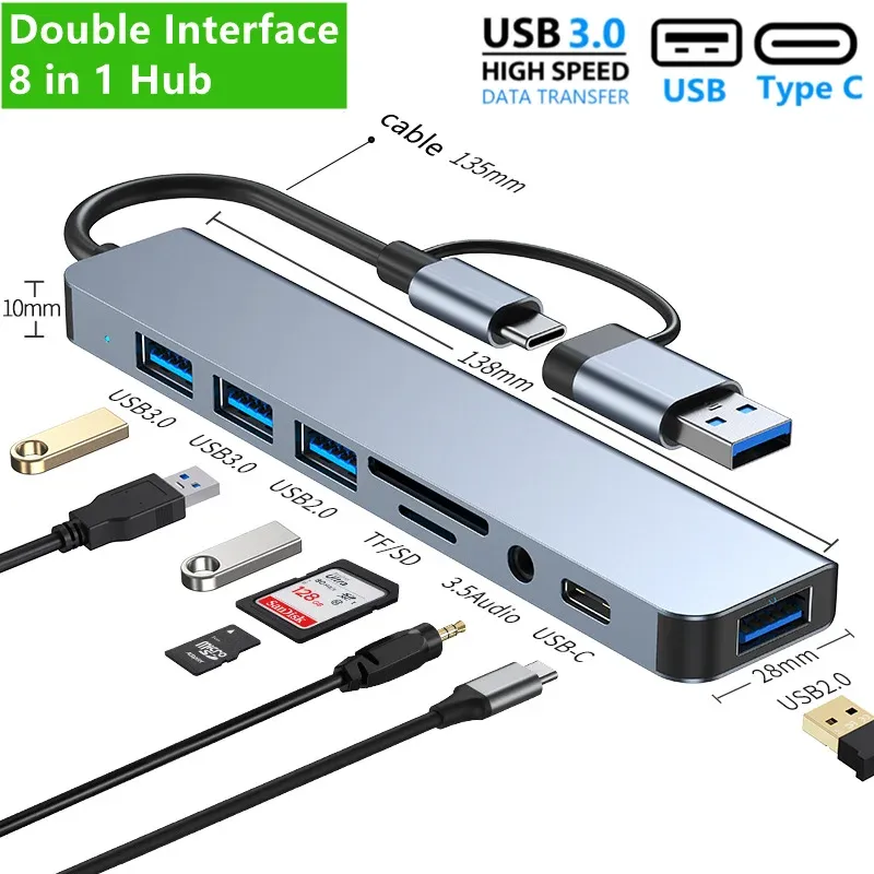 8 In 2 USB Hub 3.0 USB C Hub Dock Station 5GBPS High Speed Transmission USB Splitter Type C naar USB OTG -adapter voor MacBook Pro PC Computeraccessoires