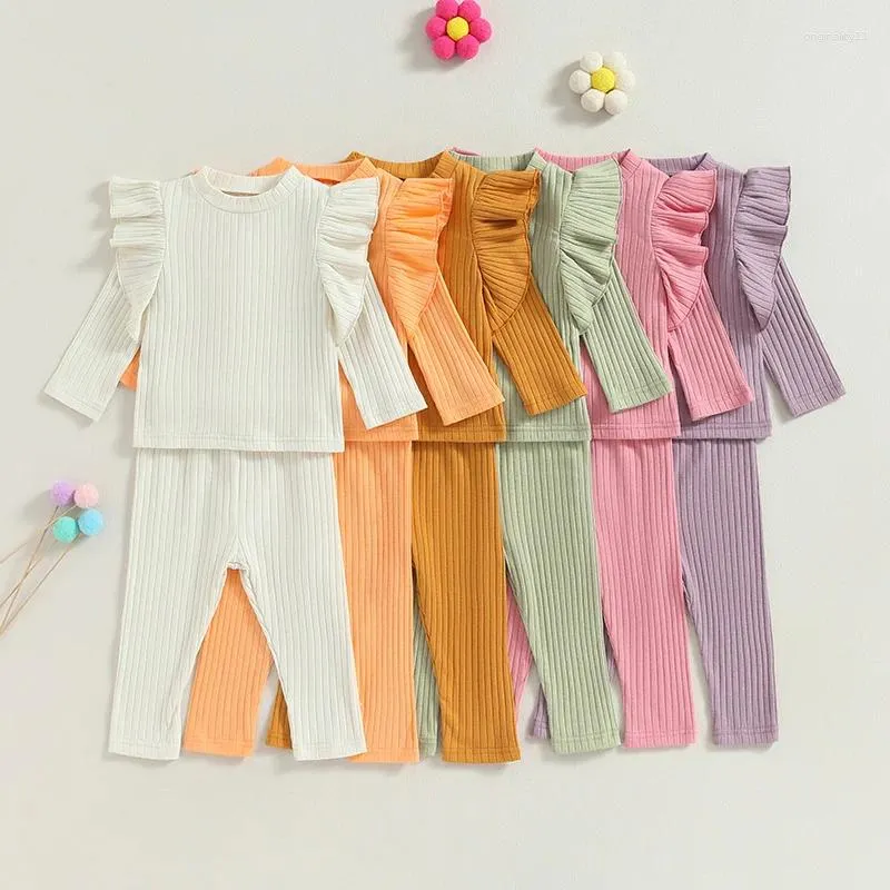 Set di abbigliamento 0-18 m nato a fili di primavera per bambini a molla 2 pezzi Solid Girls Girls Ruffle Long T-shirt Pantaloni Set Casual Basic Abiti