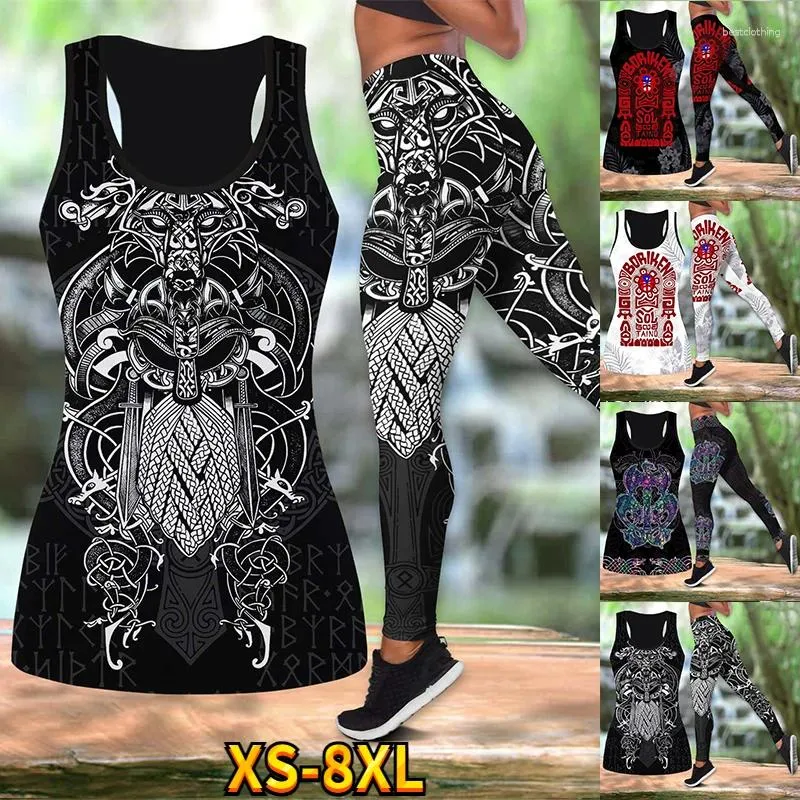 Kvinnor Pants Summer Viking Style Print Hollow-Out Tank Tops Sexiga Vest Leggings for Women Yoga Wear Suit XS-8XL