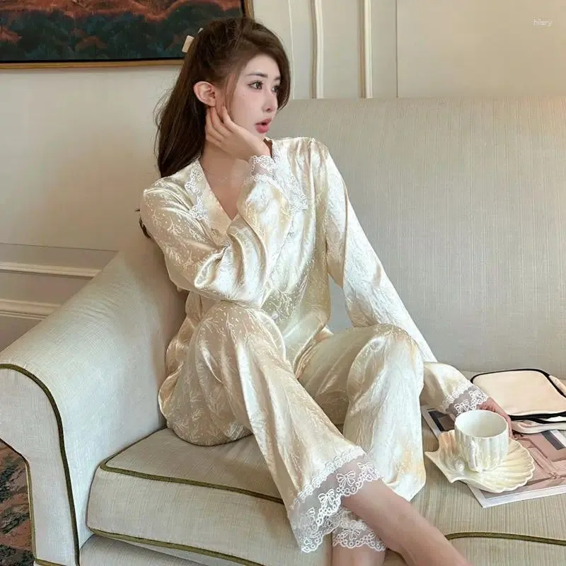 Heimkleidung Frauen Herbst Pyjamas Zweiteiler Anzug Pyjamas Luxus-Eis Seide Satin Dünne Nachtwäsche für Damen Muster Print Pijamas Clohes