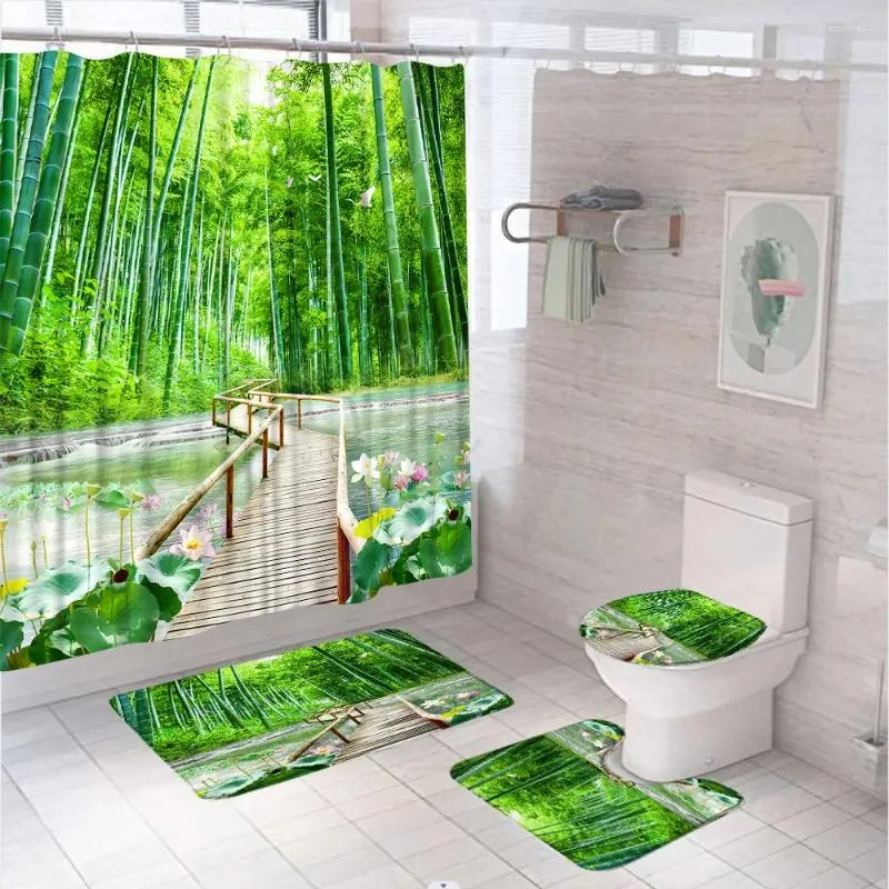 シャワーカーテン緑色の竹の森の風景カーテンセットロータスフラワーウッドブリッジレイクバスルームの装飾ラグバスマットトイレの蓋カバー