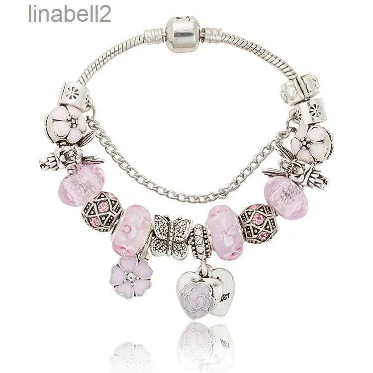 Pink sakura love heart Pendant Charms Bracelet for Pandorade 925 Silver 3mm Snake Chain Charm Bracelets for Women with Original T2ZE