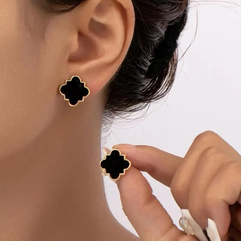 Hoop Earrings CARLIDANA Classic Design Black Color Stud Hollow Square Clover Stainless Steel For Women Sweet Drip Oil Lace