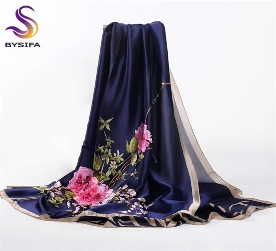 Bysifa blu navy rose cinesi donne sciarpe autunno inverno utrlong top buir gust lettere di seta alla moda involucro a scialle lungo 220103958653