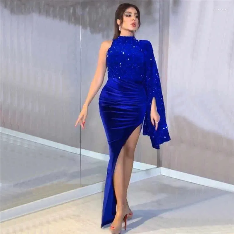 Party Dresses Arabic Aso Ebi 2024 Blue Mermaid Evening High Split Sequins Velvet Prom Formal Second Reception Gown Vestidos