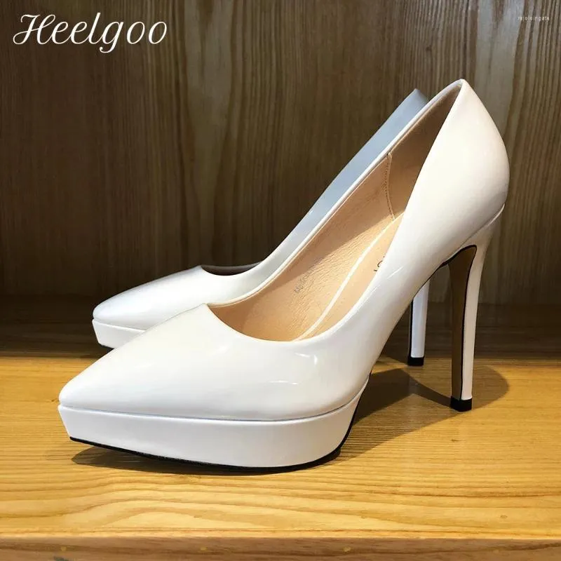Klänningskor Heelgoo 12cm High Heel Women Solid Patent Pointy Toe Platform Sexig stilettopumpar för Party White Black Red 44 45 46