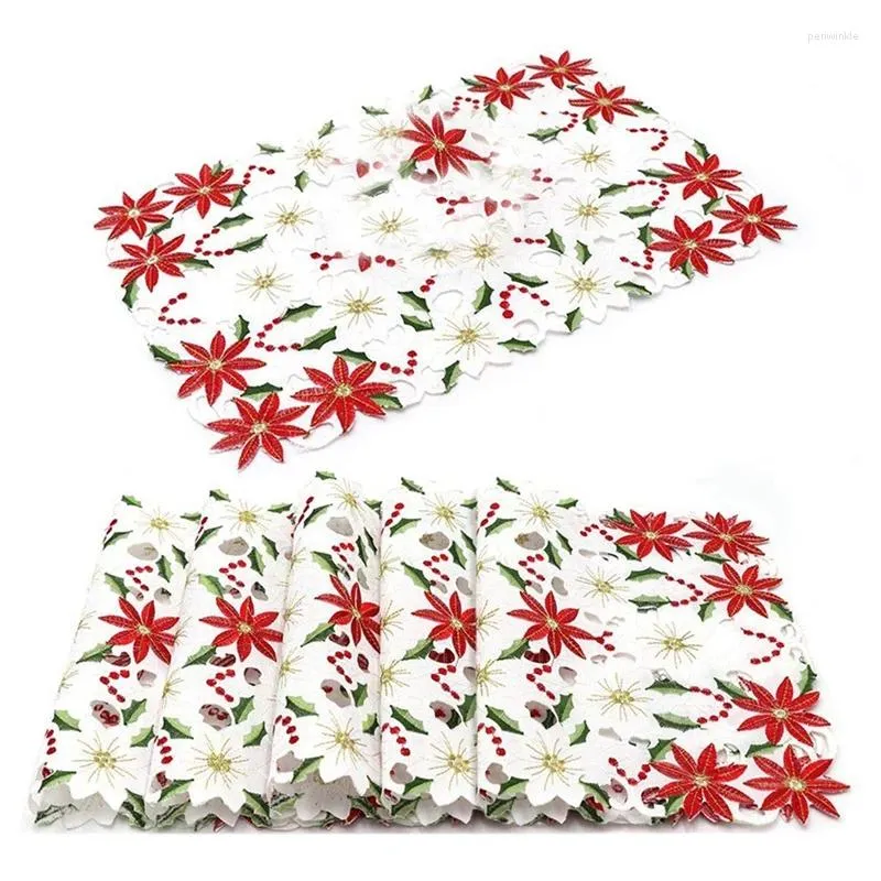 Masa Paspasları Placemats Seti 6 İşlemeli Noel Poinsettia Holly Tasarım 11x17 inç Dekor Kırmızı Beyaz