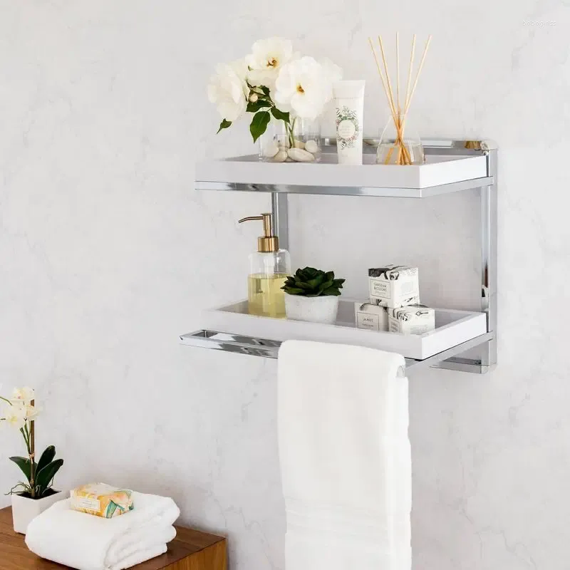 Decorative Plates 2 Tier Wall Mount Shelving Unit With Towel Rack And Trays Chrome/White
