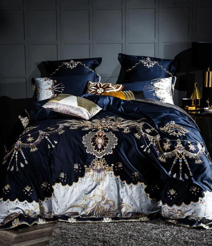 80年代エジプト綿の豪華な刺繍寝具セットキングクイーンサイズ布団カバーブルーベッドリネンベッドシーツリネンセット46PCS T2007061446124