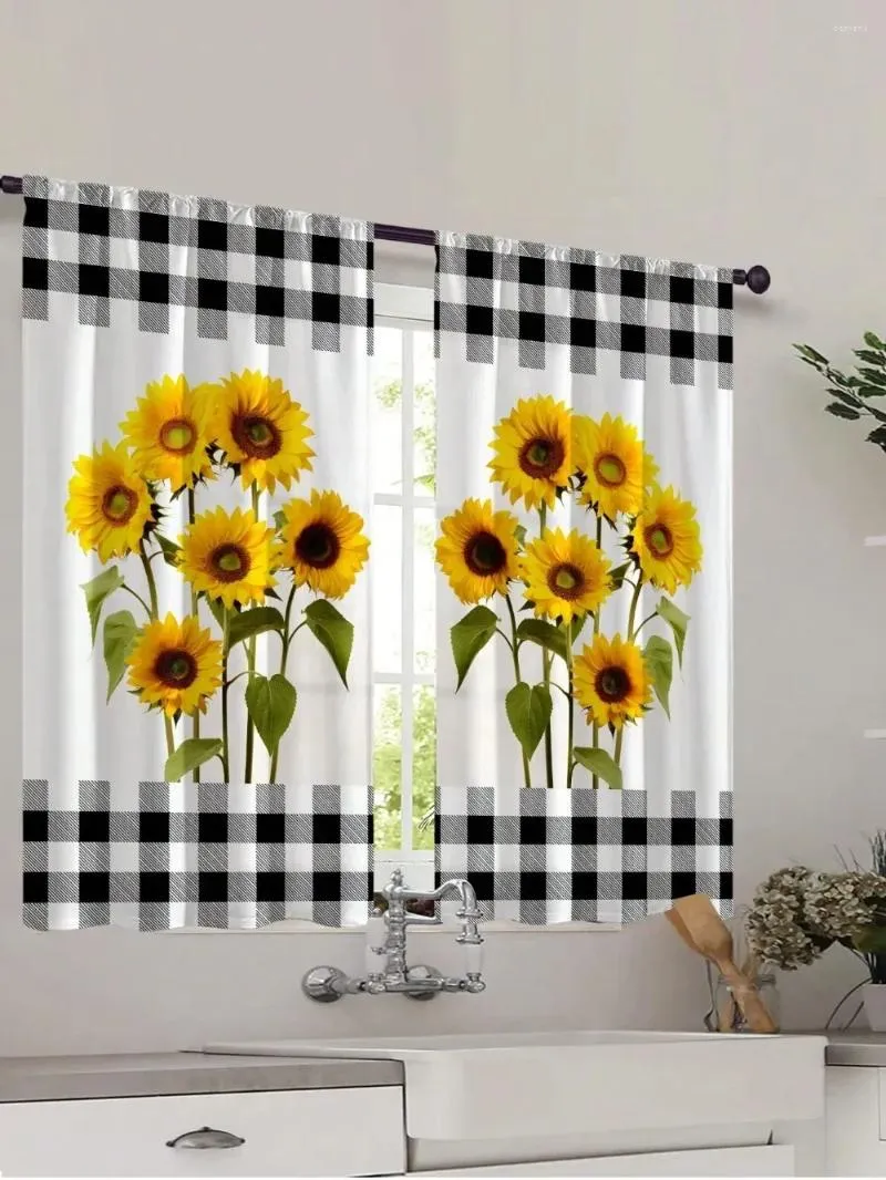 Gardin 2st Modern Fresh Grid Sunflower Printing Decorative Kitchen Curtain för att dekorera sovrum Studierum Kaféer och levande