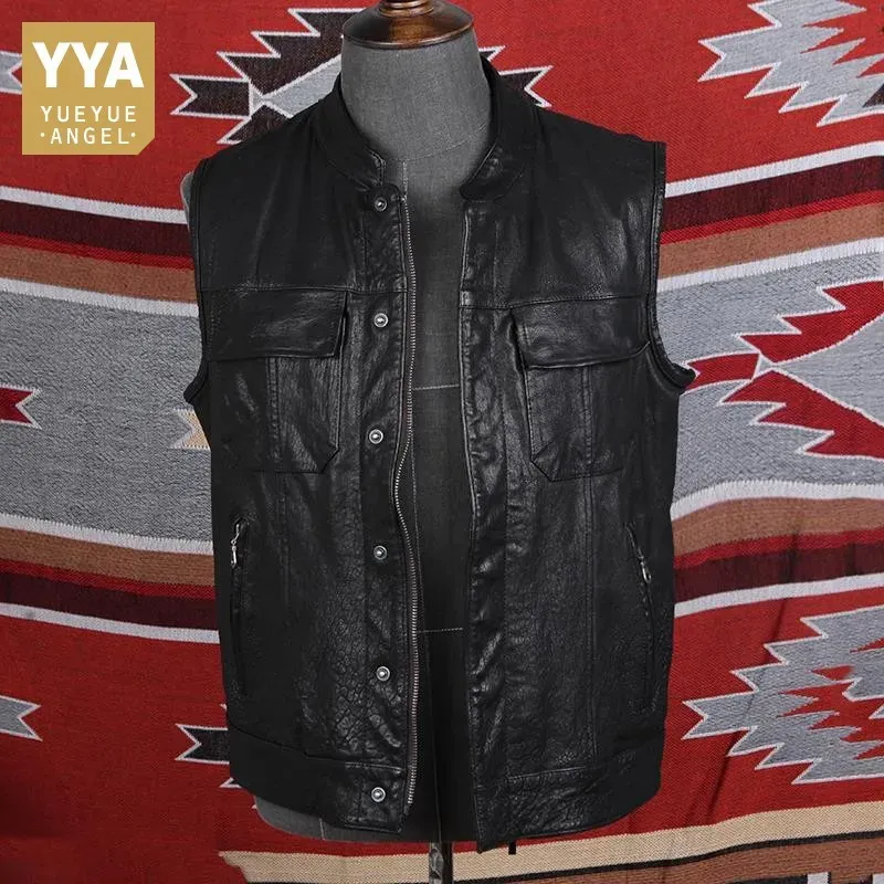 Veste de veste sans manche Vintage Veste à manches POCHETS POCHES DE STAND TOP STAND VIELLAGE GAIN CUIR VIEL