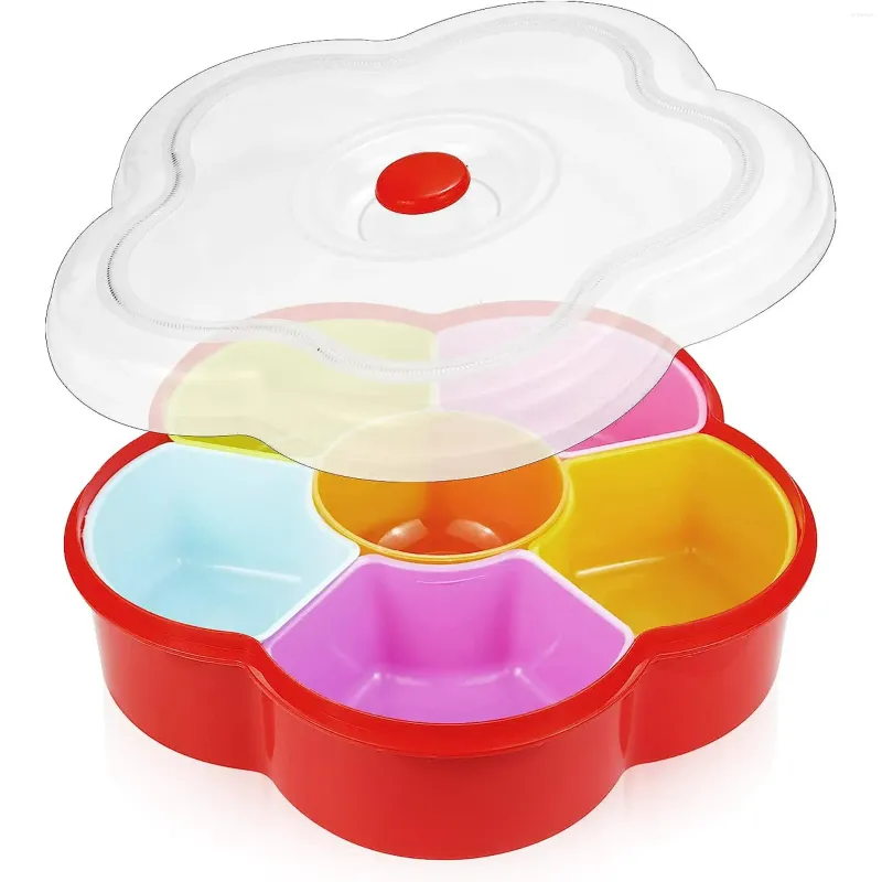 Plates Separable Colored Flower Shaped Fruit Bowl With Lid 6 Compartment Plastic Storage Organizer Serving Container