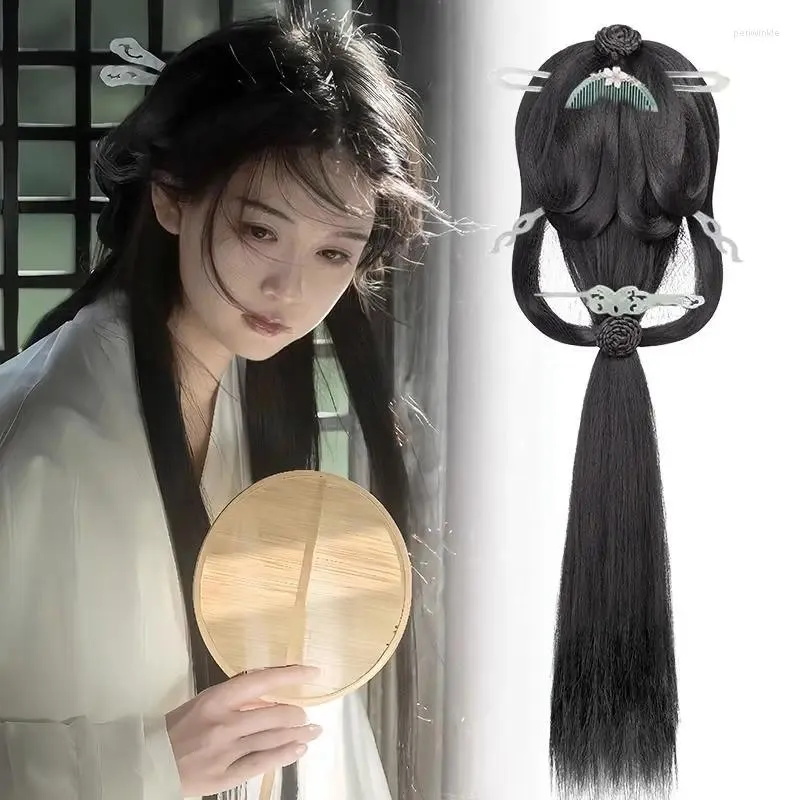 Fourniture de fête Hanfu Wig intégrée Pression arrière Coiffure Bun ancien costume accessoire Hairpin Headwear Daily Hole Head Poice