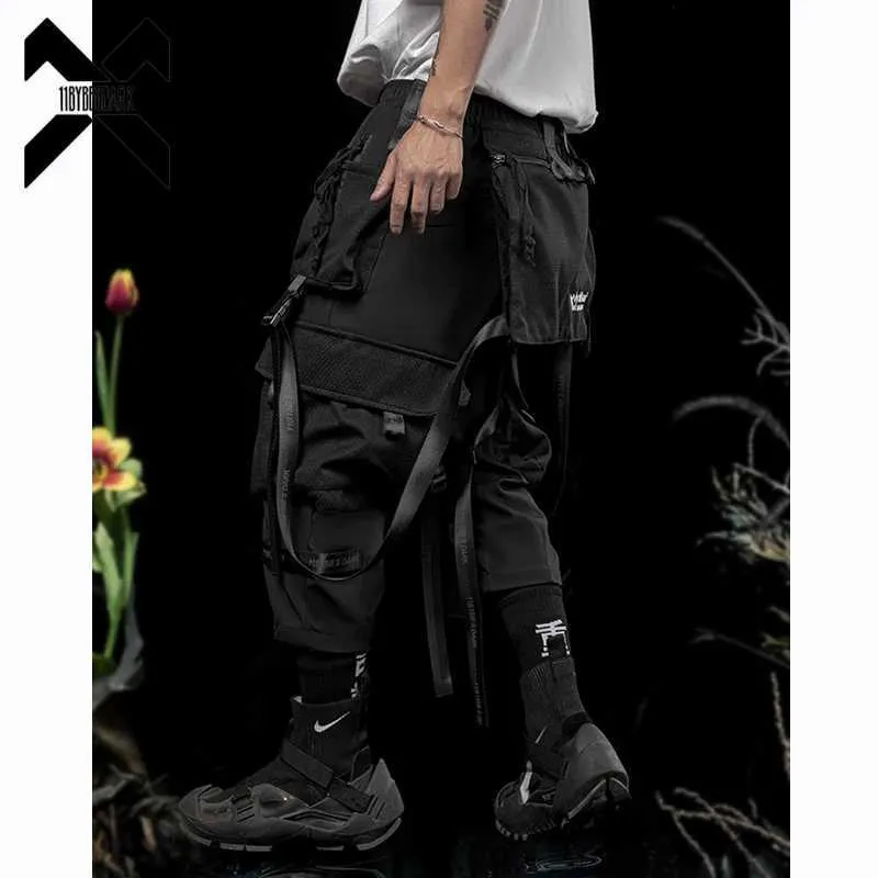 Herenbroek 11 BYBB Zwart Lint Multi Pocket Cargo Pants Mens Hip Hop Street Kleding Tactische functie Korter Techwear Harajuku Jogging Mensl2405