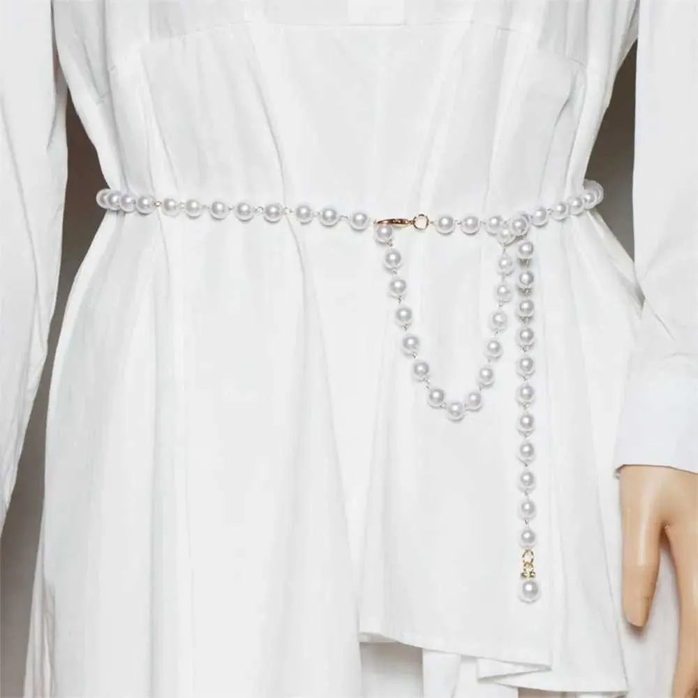 Taillenkettengürtel Damen weiße Perle Gürtel Bohemian modisch voll passende Hemdhemd Dekoration Elegante Schlinge Q240511