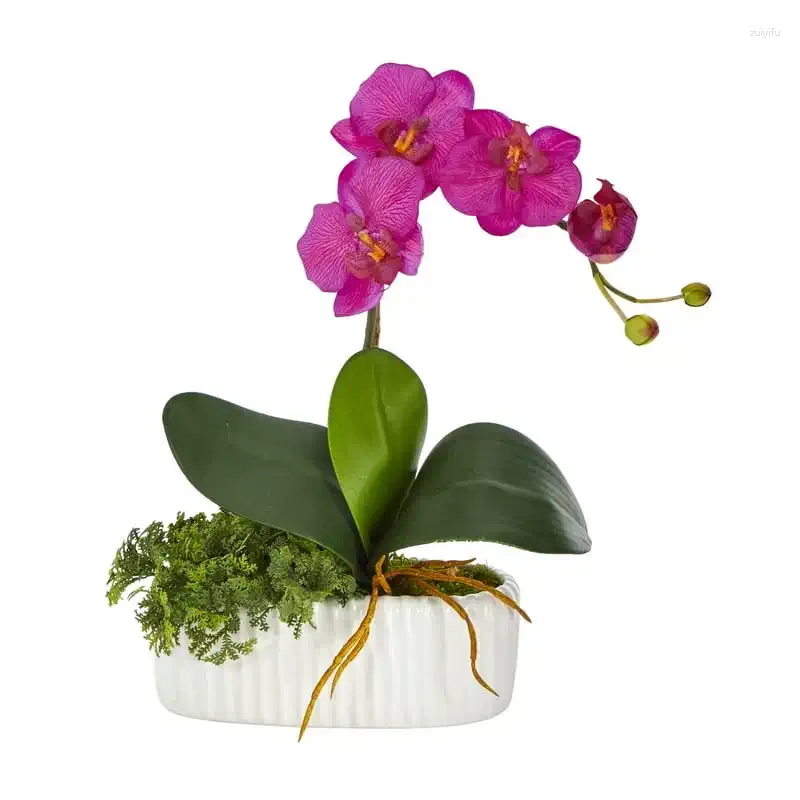 Decorative Flowers Mini Orchid Phalaenopsis Artificial Arrangement In White Vase For Weddding Decoration Eucalyptus Leaves