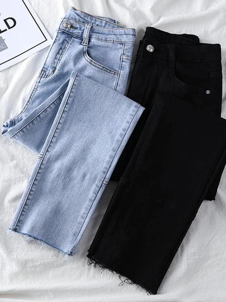 Women's Jeans Women Trousers Button Denim Cropped Buckles Slim-fit Straight