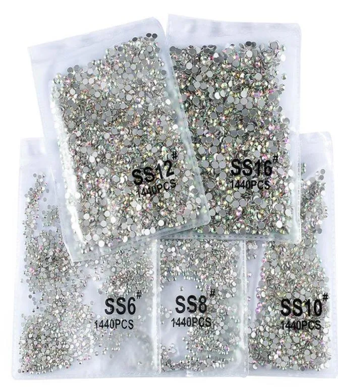 Nagelkonstdekorationer 1440pcsbag SS3SS20 Clear Crystal AB Color 3D Rhinestones plagg Non Fix Flatback Glass Stones VB6327428