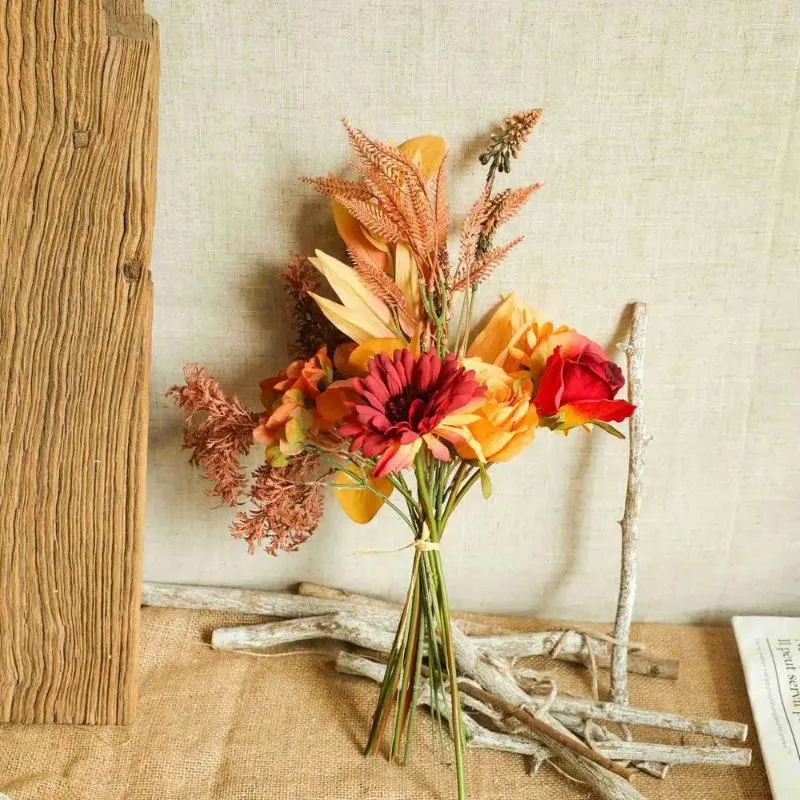 Fleurs décoratives 44 cm Hauteur Simulation Fleur Fleur Bouquets artificiels colorés Autumn Rose Valentin Gift Home Tabletop Home