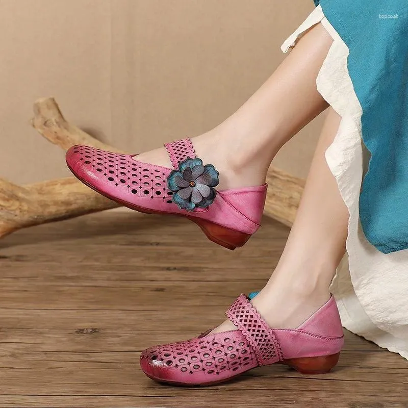 Casual Shoes Birkuir Genuine Leather Hollow Out Low Heel For Women Mary Jane Pink Hook Loop Big Flower Luxury Ladies