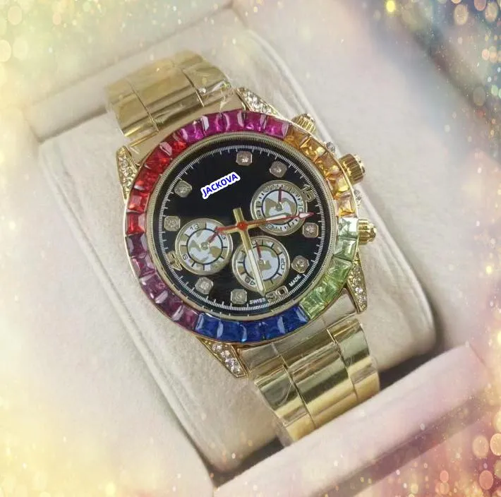 Couple Hip Hop Iced Out Men Designer Watch Day Date Time Quartz Battery Movement Colorful Diamonds Ring Stainless Steel Band Clock All the Crime Watches Gifts