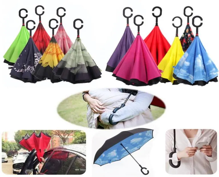 Dobrando um guarda -chuva reverso 47 estilos de dupla camada invertida Long Handle Holds Wind Rain Car Umbrellas C Handle Umbrellas1947775