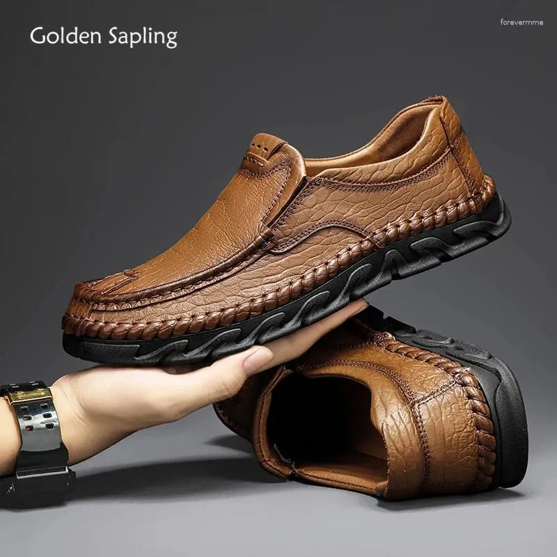 Buty zwykłe Złote Sapling Man Manofers Oryginalne skórzane ręcznie robione szycie męskie buty biznesowe Party Flats Biuro