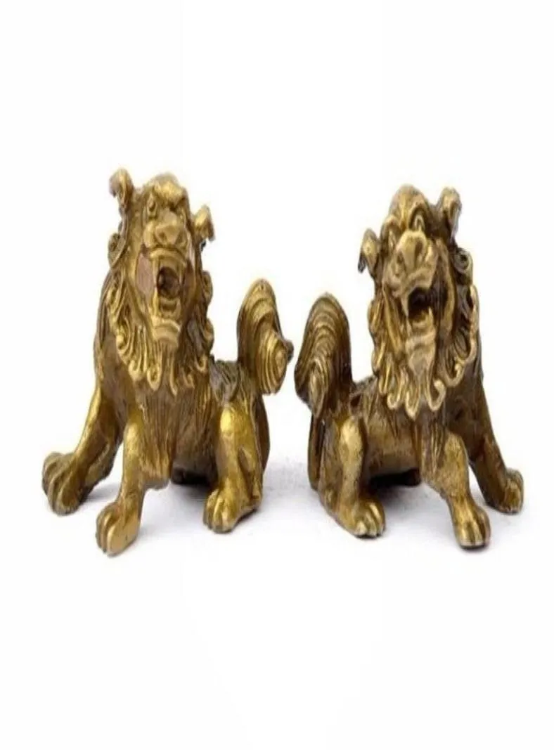 Lucky Chinese Fengshui Pure Brass Guardian Foo Fu Dog Lion Statue Par3689273