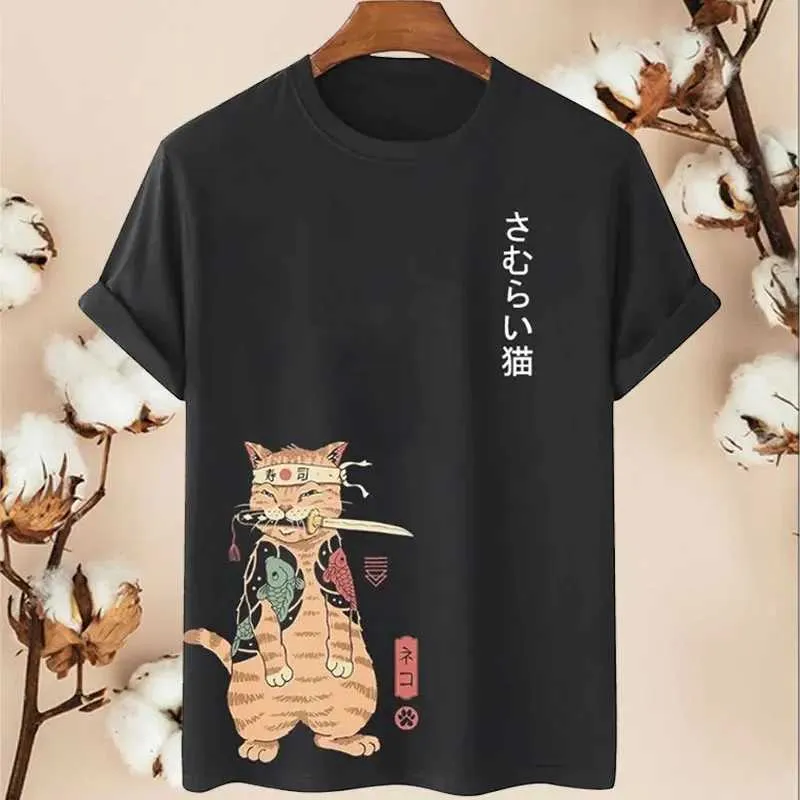 T-shirts voor heren Animal Cat Print Men Cotton T-shirt Harajuku Cute Loose Short-Slved Tops Fashion Simple T Shirts Mens Women Unisex Clothing T240510