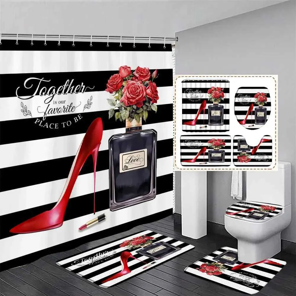 Rideaux de douche Curtain de douche de la Saint-Valentin Rose Rose Talons High Lipstick Perfume Bouteille de salle de bain romantique à rayures noir et blanc décor de salle de bain