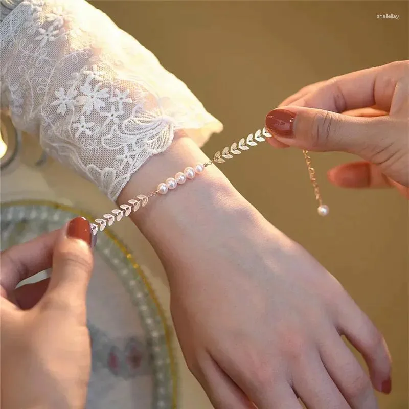 Очарование браслетов натуральные жемчужные бусинки браслет для женщин Золотые листья простые легкие роскошные роскошные свадебные украшения для вечеринок ручной работы