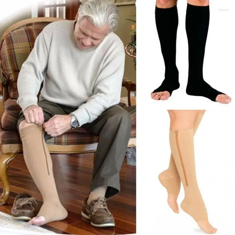 Meias de compressão de meias de compressão zíper zip de circulação de zíper suporta o joelho sox esportes de dedão aberto reduz a dor