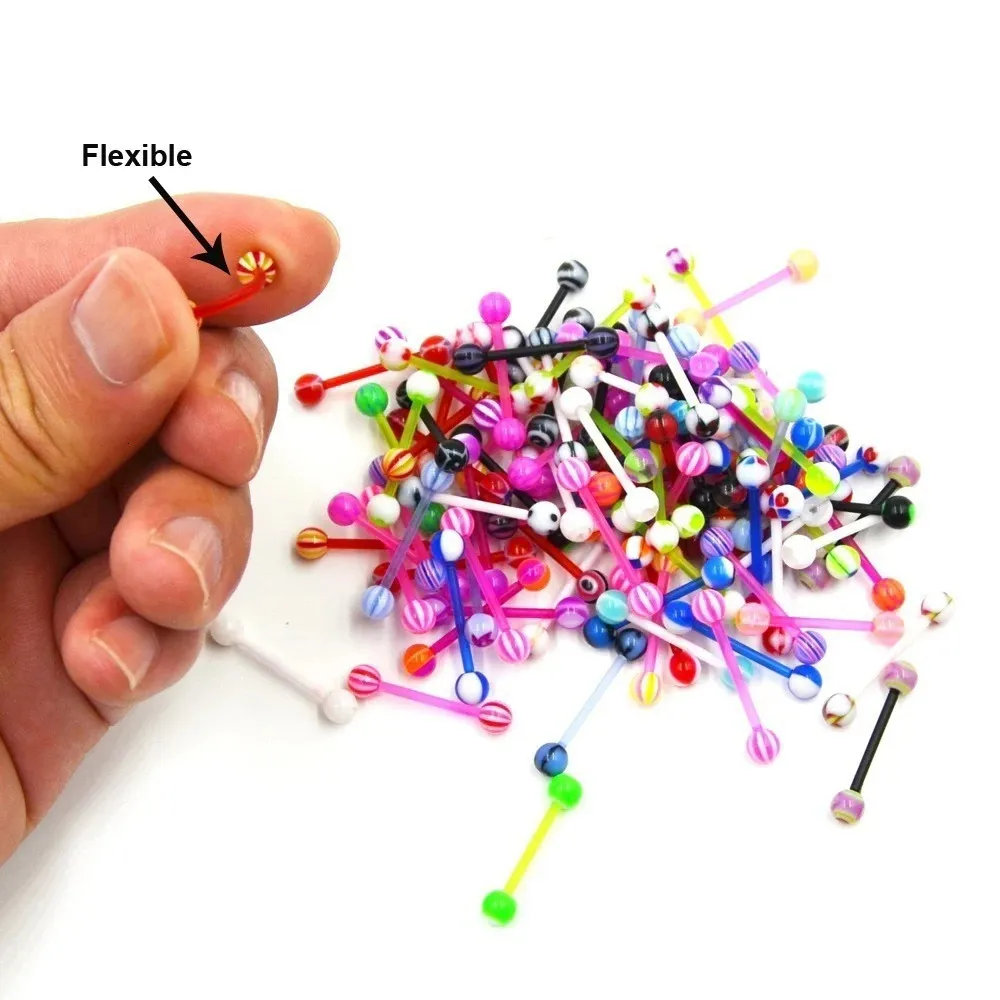 10pcs Colorful Flexible Tongue Piercing Balgs Silicone 14g Tragus Helix Ear Femmes Punk Piercing Bijoux 240429