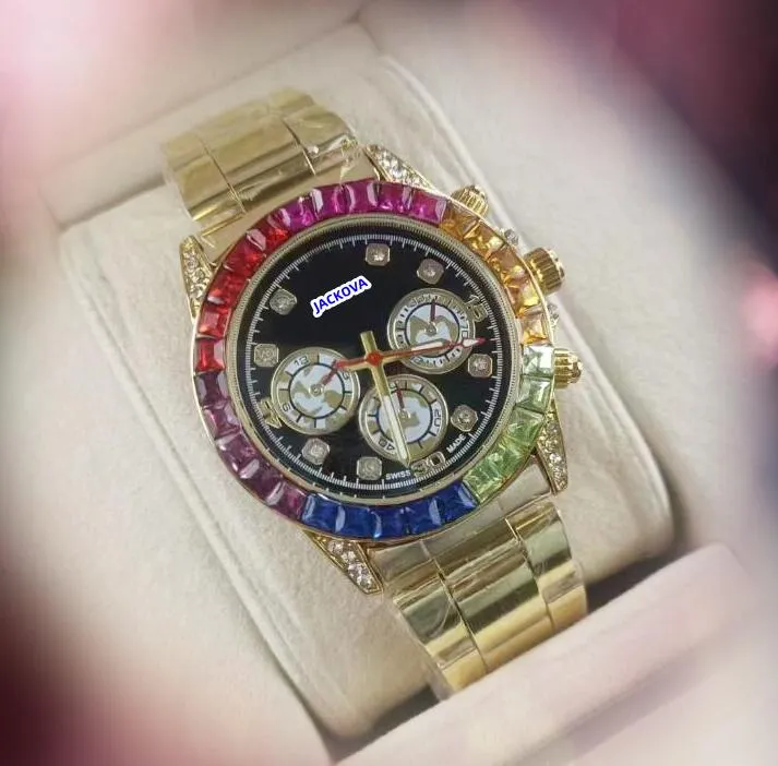 Hoogwaardige heren vrouwen stalen staal horloge super kwarts bewegingsketen set auger racing waterdichte kloktafel dag date tijd kleurrijke diamanten ring horloges geschenken