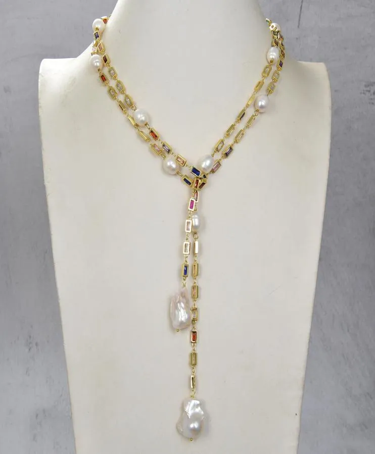 Bijoux guaiguai cultivés blanc keshi perle rectanle cz collier de chaîne pave 50quot