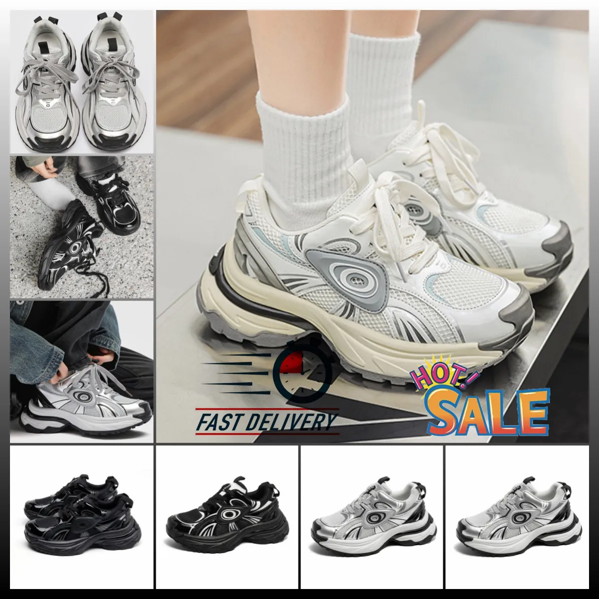 Chaussures de papa à semelles épaisses populaires Femmes Nouvelles baskets décontractées de Chine-Chic Lace-up S Automne Clowy Sneaker Sliver Couple Eurt35-44 Couleur mixte 2024 Girl de cuir