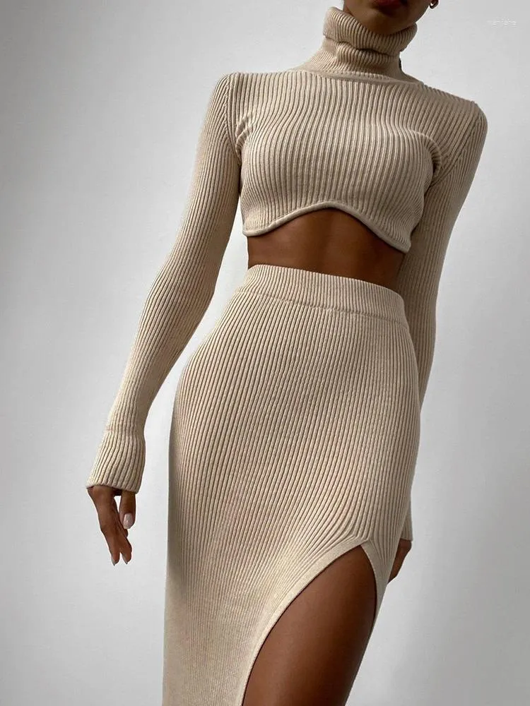 Work Dresses Spring Women Thread Slim Fit Set High Neck Long Sleeve Knitted Pullover Top Irregular Design Split Half Skirt Two Piece Sets