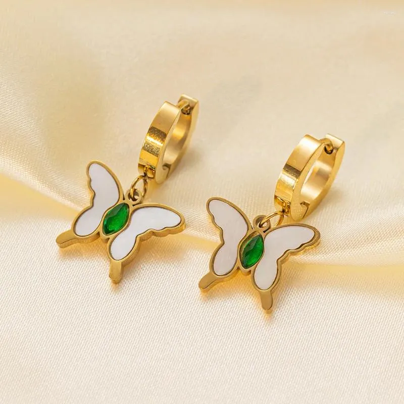 Kolczyki obręcze luksusowy zielony kryształ inkrustowany wisiorek motyla otworzył dla kobiet metalowy teksturę hip-hopowe pierścienie ucha