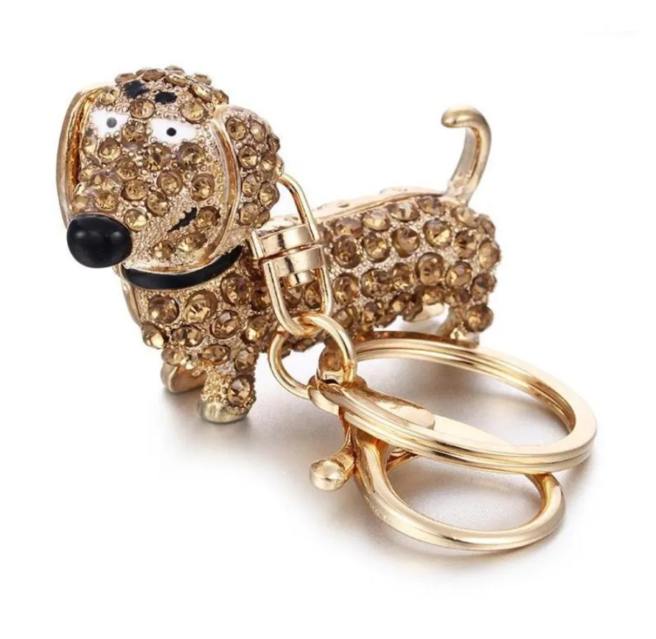 Rhinestone Crystal Dog Dachshund Keychain Bag Charm Pendant Keys Chain Holder Key Ring Smycken för Women Girl Gift 6C080416318190