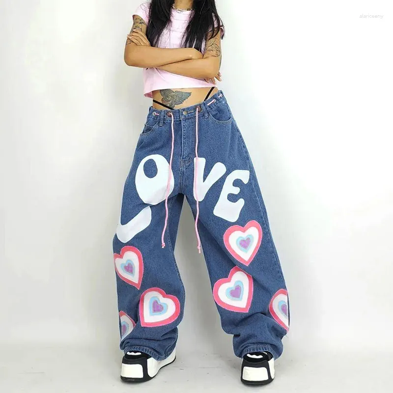 Jeans femminile estate da donna piccante girl sweetheart personalità street contrasto color love graffiti stampare gamba dritta sciolta